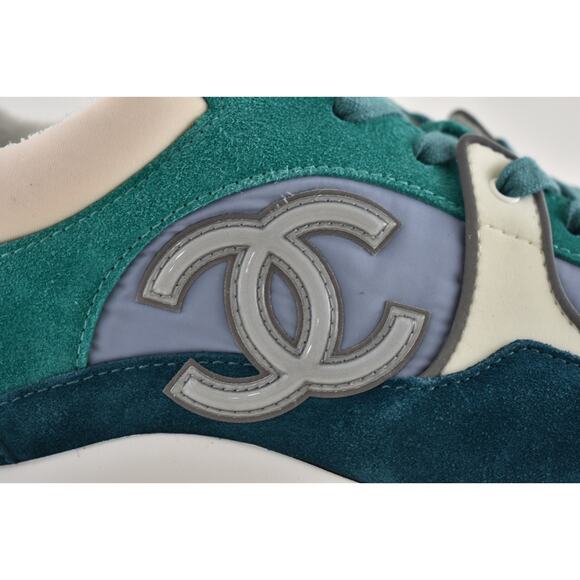Chanel 19K Mens Green Grey Teal Blue White CC Logo Low Top Trainer Sneaker 44 11 - Picture 4 of 12